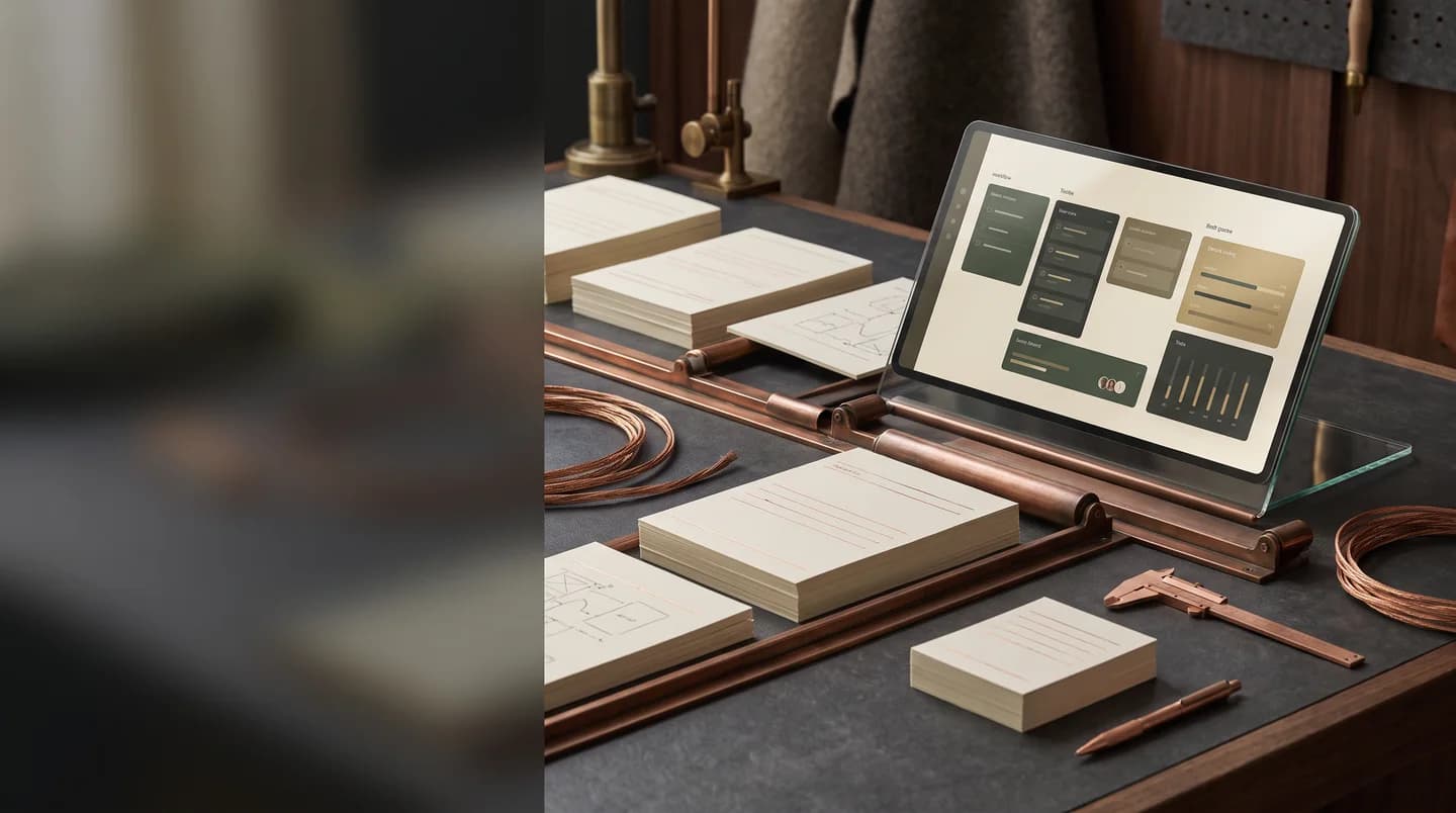 Illustrative planning workspace with workflow notes and a digital task board