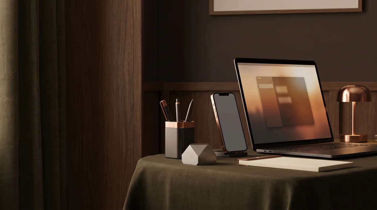Illustrative software workspace showing application interfaces on multiple devices